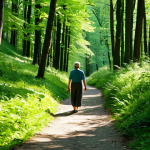 A serene person, fully clothed in comfortable, modest outdoor wear, appropriate attire, walking peacefully along a winding path through a dense, sun-dappled German forest. Lush green trees and vibrant undergrowth surround them, with soft sunlight filtering through the leaves, creating a tranquil atmosphere. The person appears calm and grounded, taking a deep, natural breath. perfect anatomy, correct proportions, natural pose, well-formed hands, proper finger count, natural body proportions, professional photography, high resolution, soft natural lighting, safe for work, appropriate content, family-friendly.
