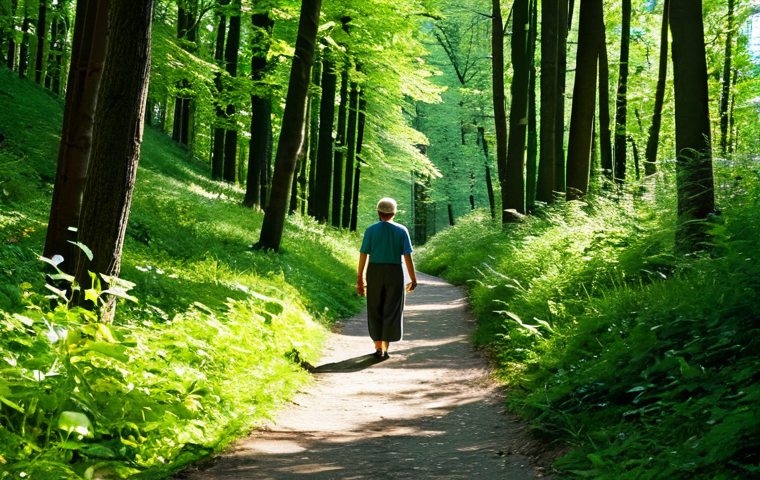 A serene person, fully clothed in comfortable, modest outdoor wear, appropriate attire, walking peacefully along a winding path through a dense, sun-dappled German forest. Lush green trees and vibrant undergrowth surround them, with soft sunlight filtering through the leaves, creating a tranquil atmosphere. The person appears calm and grounded, taking a deep, natural breath. perfect anatomy, correct proportions, natural pose, well-formed hands, proper finger count, natural body proportions, professional photography, high resolution, soft natural lighting, safe for work, appropriate content, family-friendly.