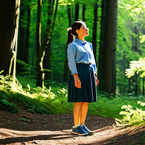 Home 6 An adult individual, standing calmly in a lush, tranquil German forest, fully clothed in modest, comfortable outdoor attire suitable for hiking, wearing sturdy walking shoes. Their eyes are gently closed or softly gazing at the natural surroundings, capturing a moment of deep peace and mindfulness (Shinrin-Yoku). Sunlight filters through the canopy, creating dappled light on the forest floor. The scene emphasizes serenity and connection with nature. Perfect anatomy, correct proportions, natural pose, well-formed hands, proper finger count, natural body proportions. Safe for work, appropriate content, fully clothed, professional, modest, family-friendly.