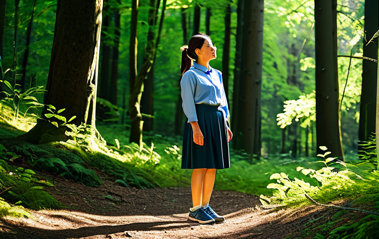 An adult individual, standing calmly in a lush, tranquil German forest, fully clothed in modest, comfortable outdoor attire suitable for hiking, wearing sturdy walking shoes. Their eyes are gently closed or softly gazing at the natural surroundings, capturing a moment of deep peace and mindfulness (Shinrin-Yoku). Sunlight filters through the canopy, creating dappled light on the forest floor. The scene emphasizes serenity and connection with nature. Perfect anatomy, correct proportions, natural pose, well-formed hands, proper finger count, natural body proportions. Safe for work, appropriate content, fully clothed, professional, modest, family-friendly.