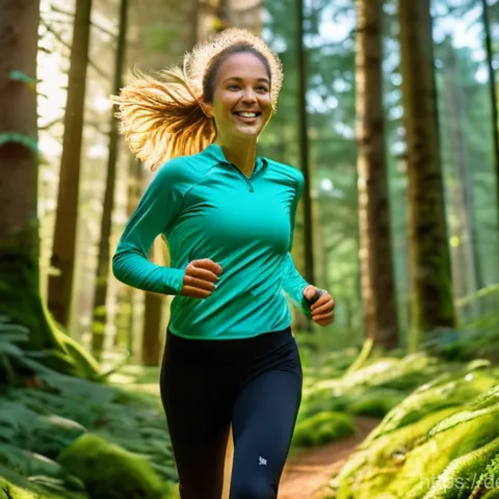 그린 운동 처방과 영양의 관계 - A fit young woman, wearing modest athletic leggings and a fitted long-sleeve top, is joyfully trail ...