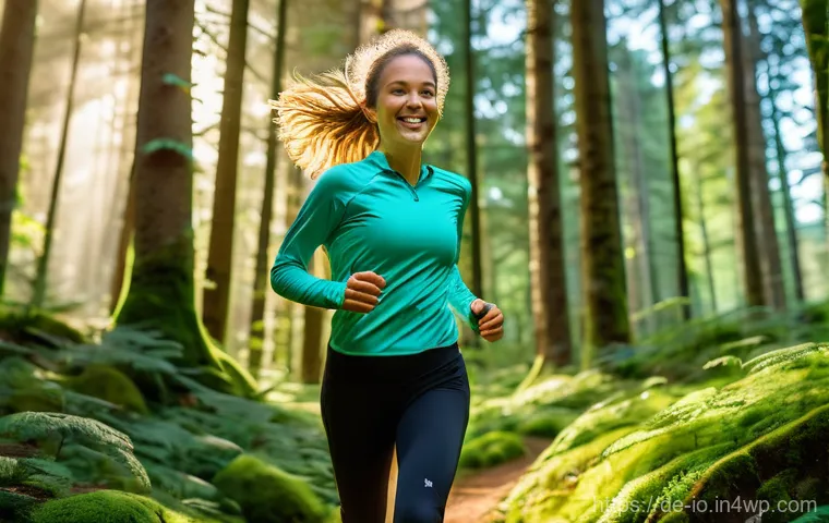 그린 운동 처방과 영양의 관계 - A fit young woman, wearing modest athletic leggings and a fitted long-sleeve top, is joyfully trail ...
