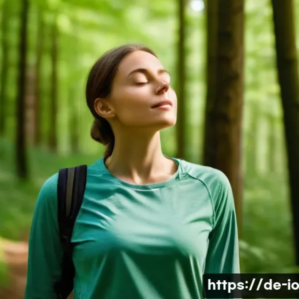 그린 운동 처방의 트렌드와 변화 - A serene young woman, dressed in comfortable, modest hiking attire including a long-sleeved shirt an...