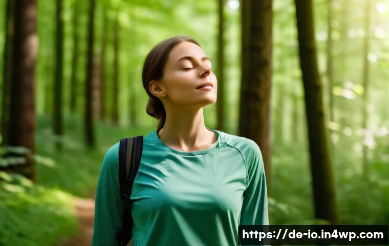 그린 운동 처방의 트렌드와 변화 - A serene young woman, dressed in comfortable, modest hiking attire including a long-sleeved shirt an...