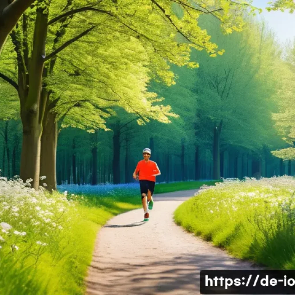 운동 처방에서 그린 운동의 중요성 - A vibrant outdoor scene in a lush German park during springtime, showing a diverse group of adults j...