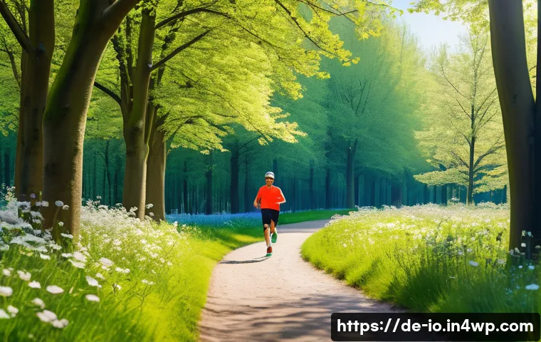 운동 처방에서 그린 운동의 중요성 - A vibrant outdoor scene in a lush German park during springtime, showing a diverse group of adults j...
