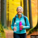 Home 22 그린 운동 처방의 적절한 운동 강도 조절 - A middle-aged German woman walking briskly on a forest trail in autumn, wearing comfortable sportswe...