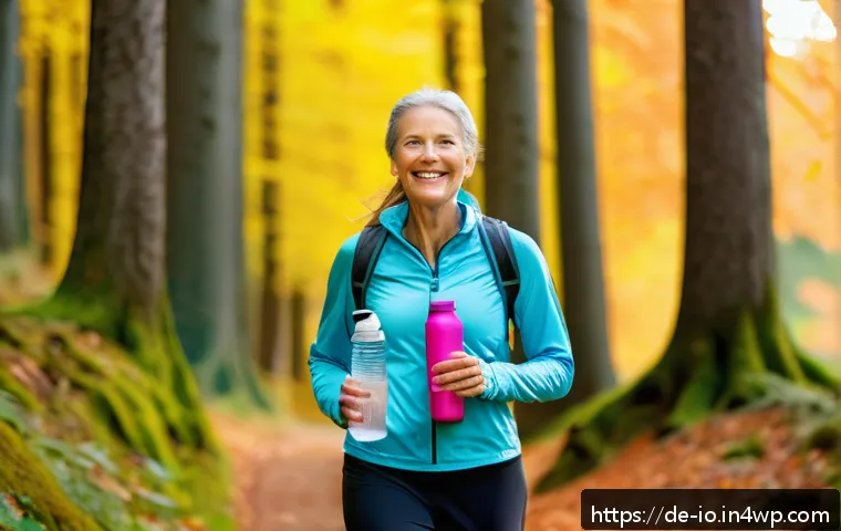 그린 운동 처방의 적절한 운동 강도 조절 - A middle-aged German woman walking briskly on a forest trail in autumn, wearing comfortable sportswe...