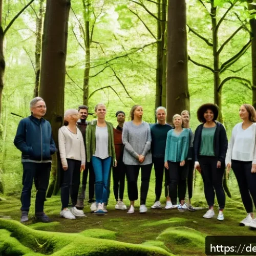 Home 33 그린 운동 처방과 집단 치료의 장점 - A diverse group of adults participating in a guided forest bathing session in a lush German woodland...