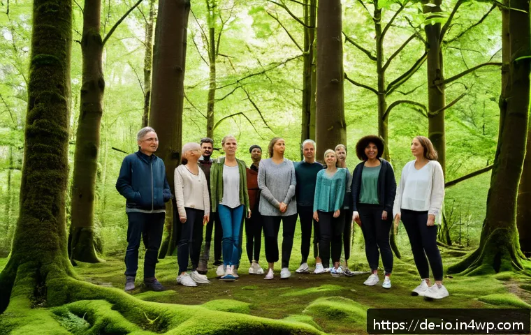 그린 운동 처방과 집단 치료의 장점 - A diverse group of adults participating in a guided forest bathing session in a lush German woodland...
