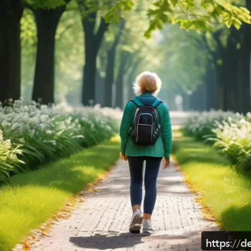 Home 32 초보자를 위한 그린 운동 처방 가이드 - A peaceful early morning scene in a lush German city park, featuring a middle-aged woman walking min...