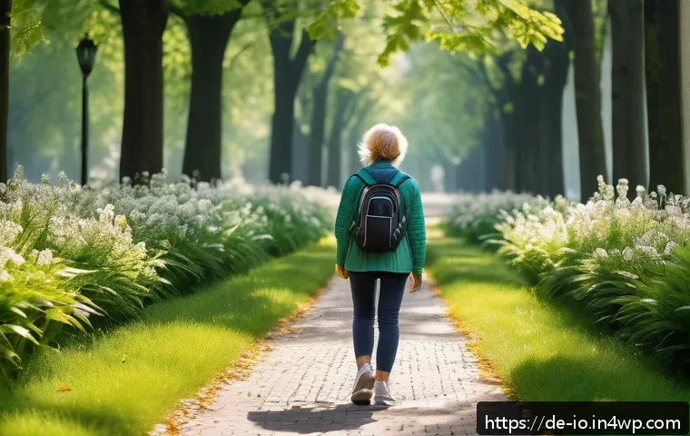 초보자를 위한 그린 운동 처방 가이드 - A peaceful early morning scene in a lush German city park, featuring a middle-aged woman walking min...