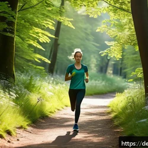 Home 30 그린 운동 처방과 환경 관리의 중요성 - A scenic image of a young adult jogging along a shaded forest trail in a German park during early mo...