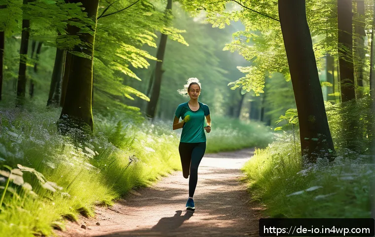 그린 운동 처방과 환경 관리의 중요성 - A scenic image of a young adult jogging along a shaded forest trail in a German park during early mo...