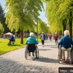 Home 23 그린 운동 처방과 지역 사회의 상관관계 - A vibrant community park scene in a German town, showing a diverse group of people across multiple g...