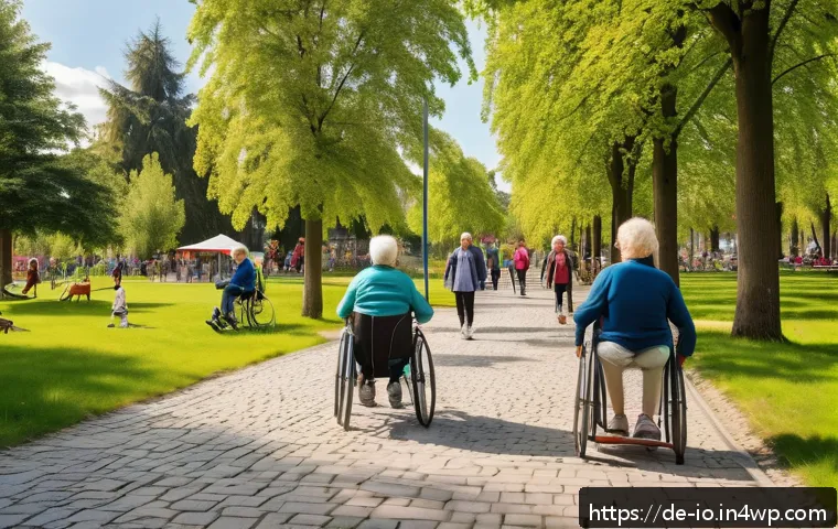 그린 운동 처방과 지역 사회의 상관관계 - A vibrant community park scene in a German town, showing a diverse group of people across multiple g...