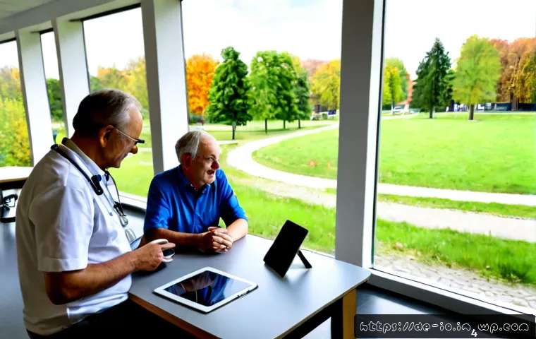 그린 운동 처방을 위한 조직 협력 모델 - Photorealistic collaborative meeting in a bright German community health center, a physician, physio...