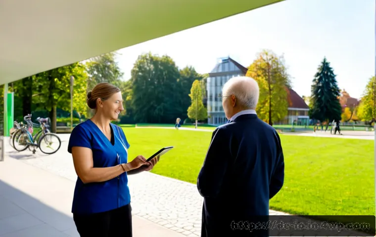 그린 운동 처방 프로그램의 운영 방식 - Photorealistic German community health center, a physiotherapist in casual professional attire discu...